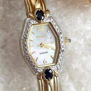 ELGIN EG075 Gold Diamond Mother of Pearl Ladies Vintage Wristwatch 17mm - WORKS!